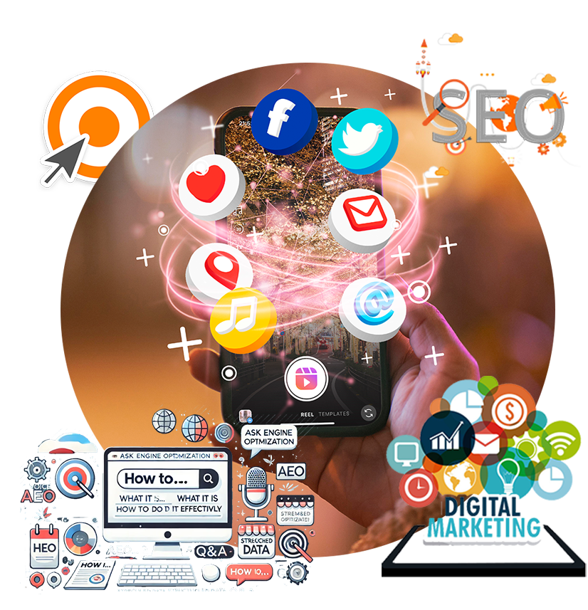 Digital Marketing, AEO (Answer Engine Optimization), Search Engine Optimization (SEO), Social Media Marketing (SMM)and Pay-Per-Click (PPC)