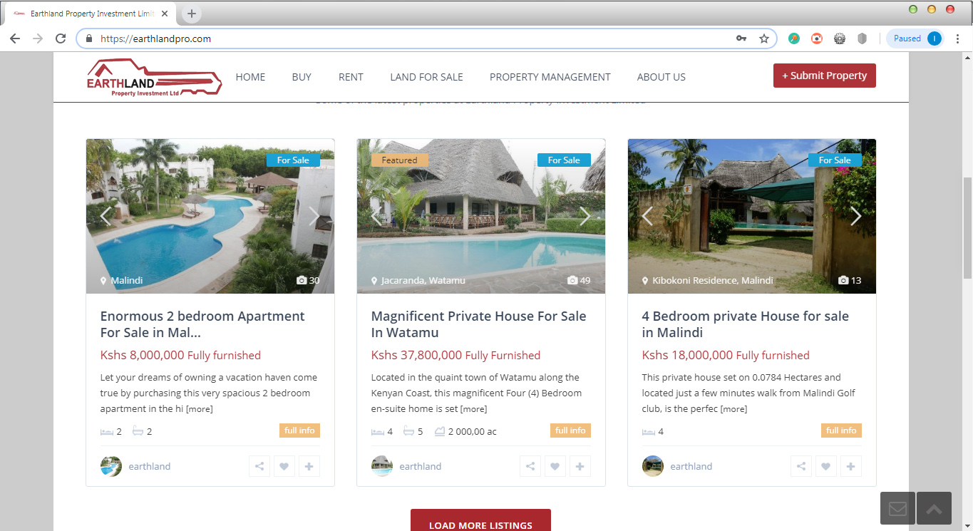 Earthland Properties website designed by Inspimate Enterprises
