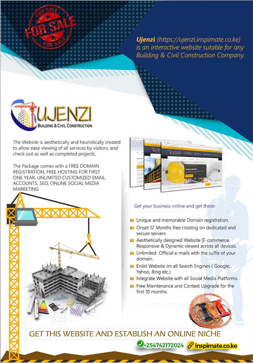 Ujenzi - Civil & Construction Company Website for sale; Startup, Corporate, Branding, Web Design, E-commerce, Online, Digital Marketing by Inspimate